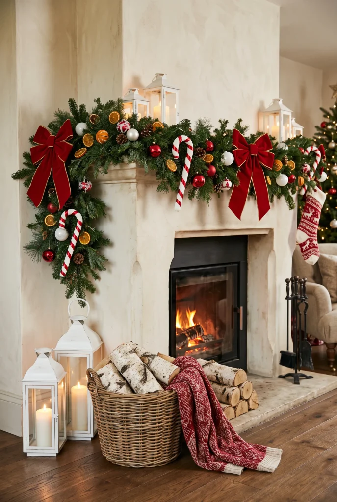 Christmas fireplace hearth decorated with greenery, red and white ornaments, and lanterns