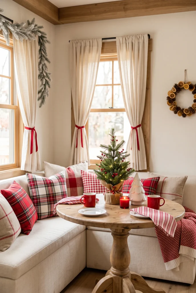 Cozy Christmas breakfast nook with red mugs, candy cane napkins, and evergreen centerpiece