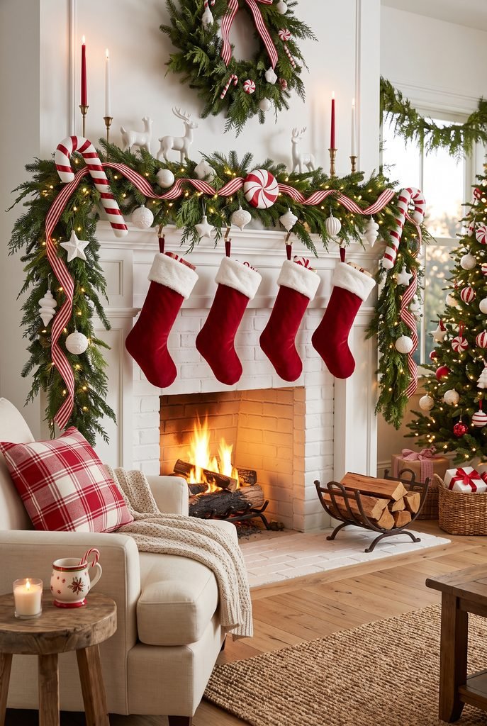 Red and white candy cane-inspired Christmas fireplace with striped ribbon and greenery