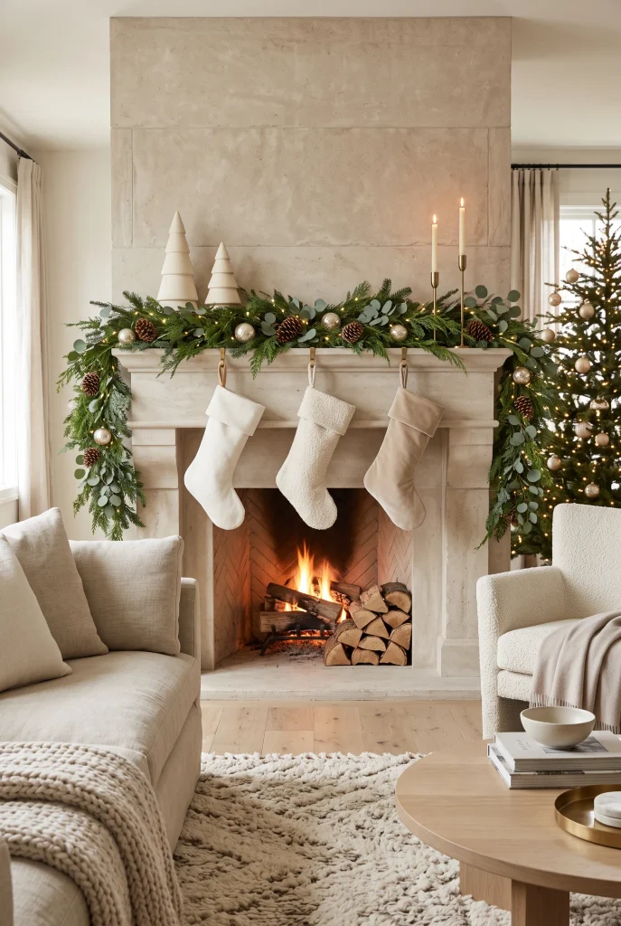 Elegant neutral Christmas mantel with layered greenery, ivory stockings, velvet ribbon, brass accents, and warm lights