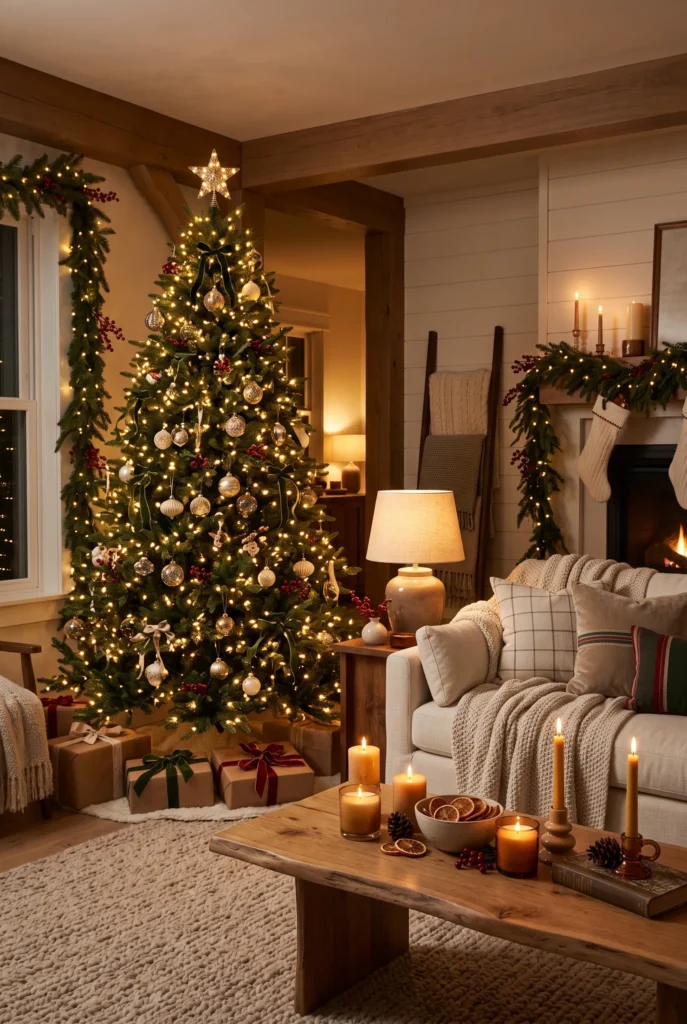 Cozy Christmas interior glowing with a Christmas tree, candles, fairy lights, and warm lamps.