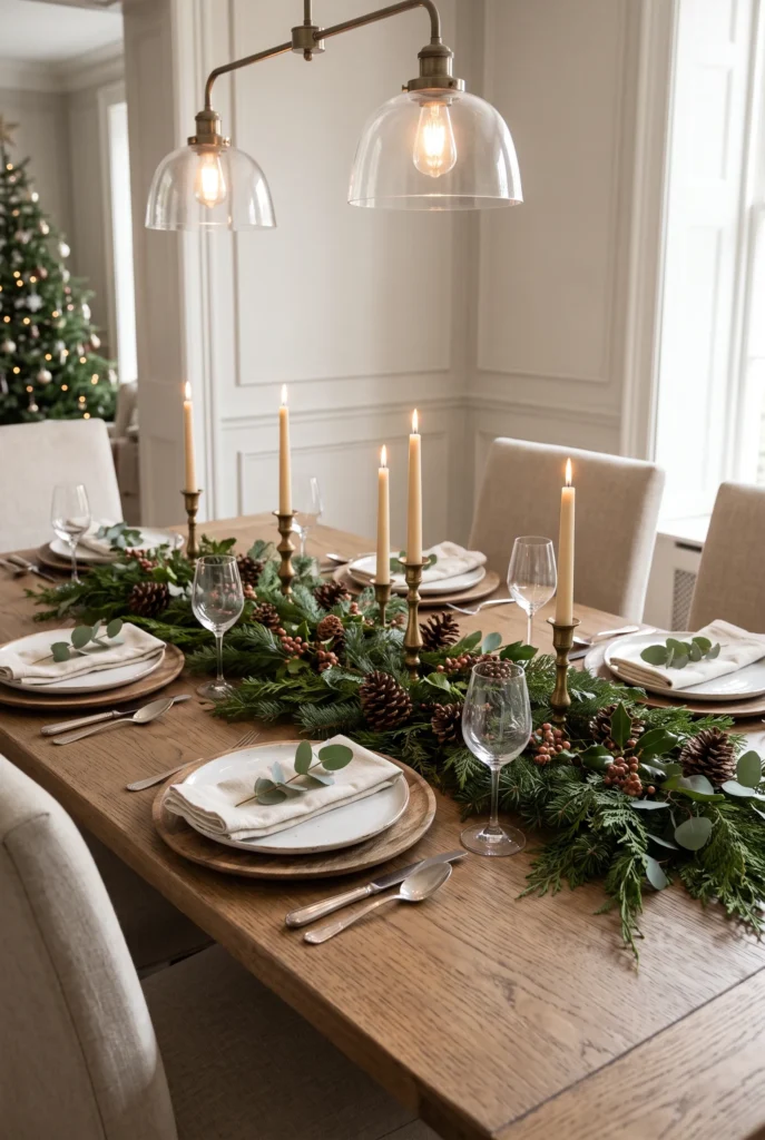 Natural Christmas tablescape with evergreen branches, linen napkins, pinecones, and candles