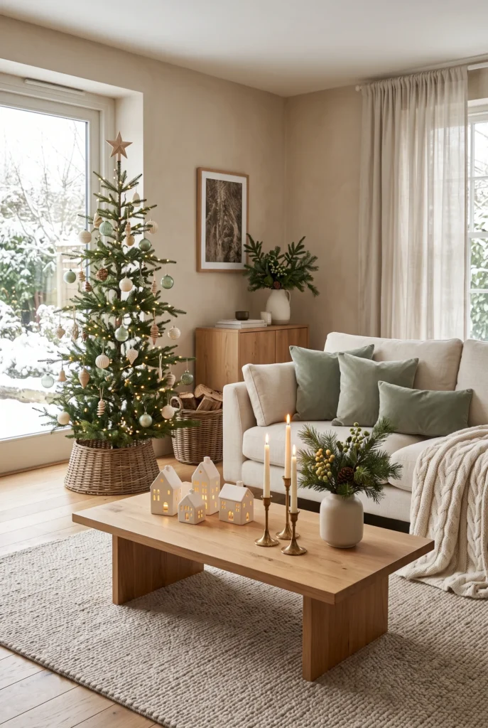 Elegant cream and sage green Christmas living room with natural wood accents