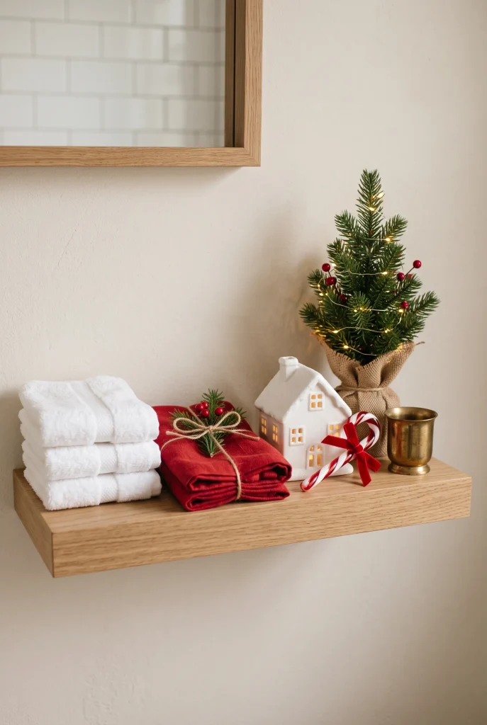Small Christmas bathroom shelf with white towels, red accents, and miniature evergreen