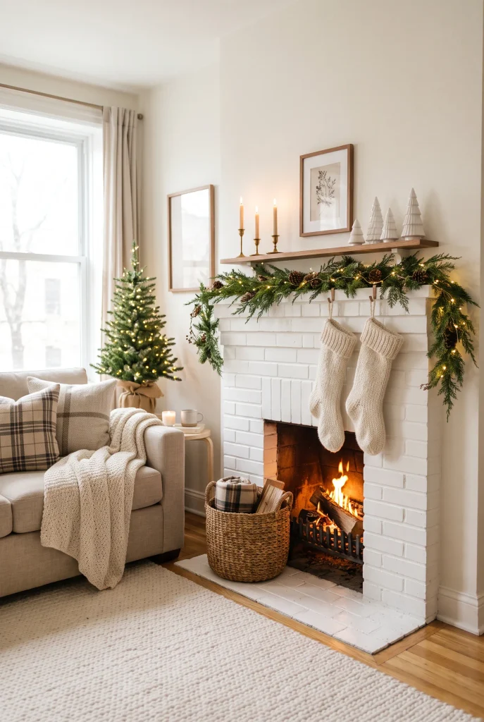 Small fireplace decorated with a slim Christmas garland, stockings, and warm lights