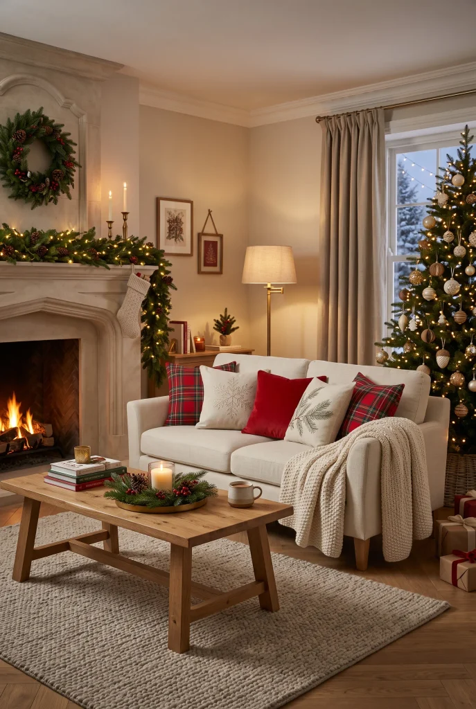 Cream sofa decorated with festive Christmas pillows and a soft seasonal throw