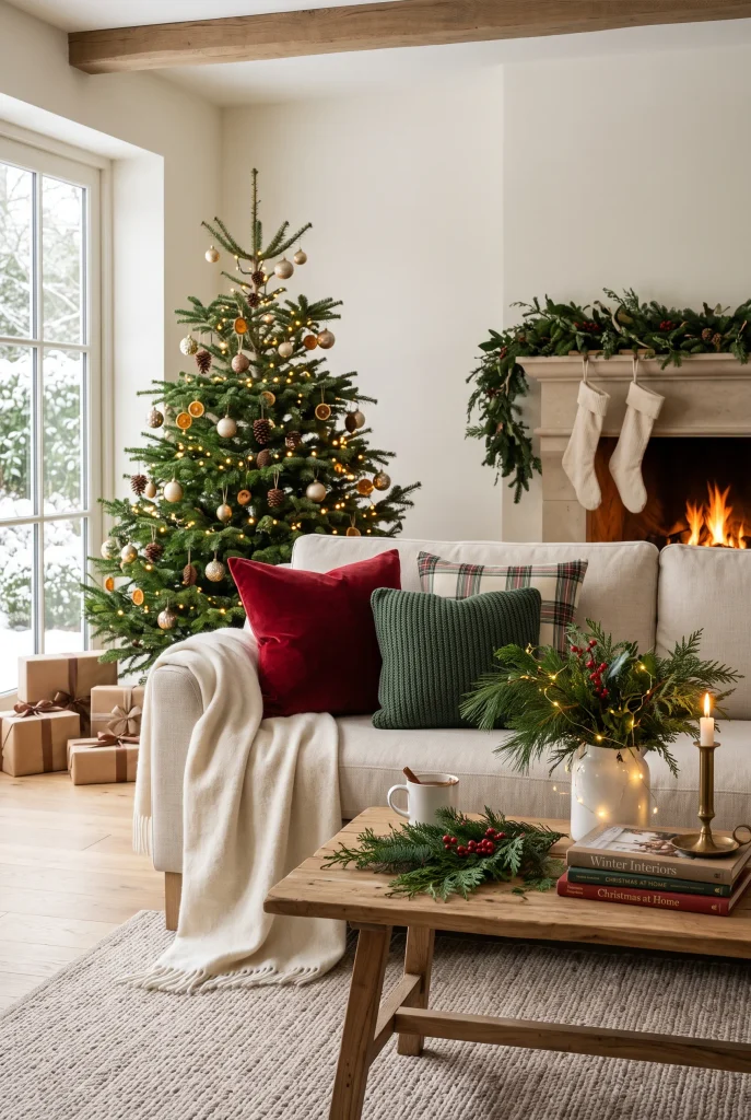 Neutral sofa with red and green Christmas throw pillows