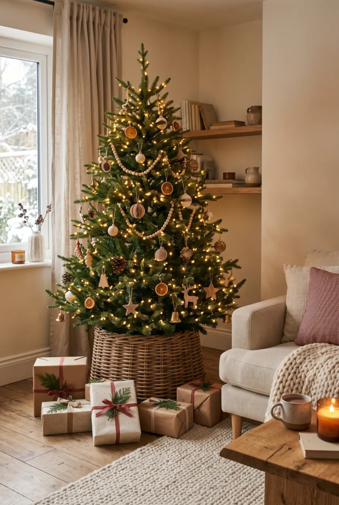 Small Christmas tree styled with warm lights and natural ornaments in a cozy living room corner.