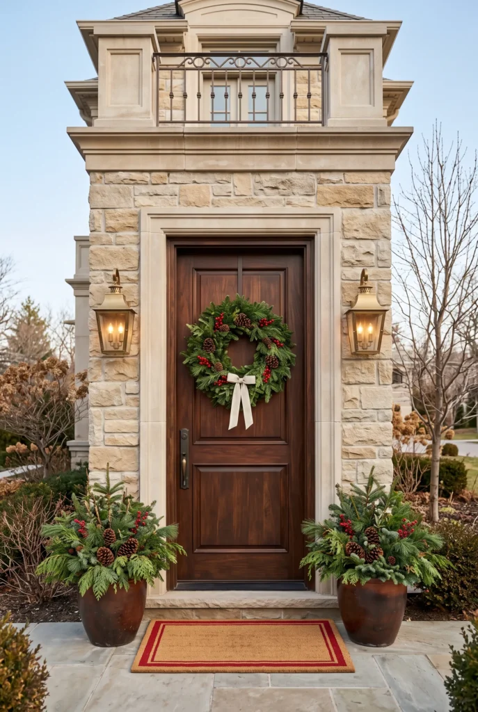 Front door with a traditional evergreen Christmas wreath and seasonal porch decor