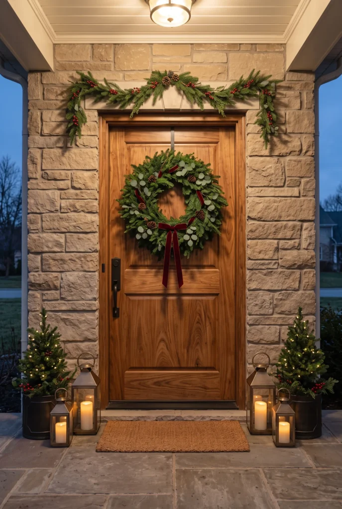 Front door decorated with an evergreen Christmas wreath, ribbon, lanterns, and seasonal greenery
