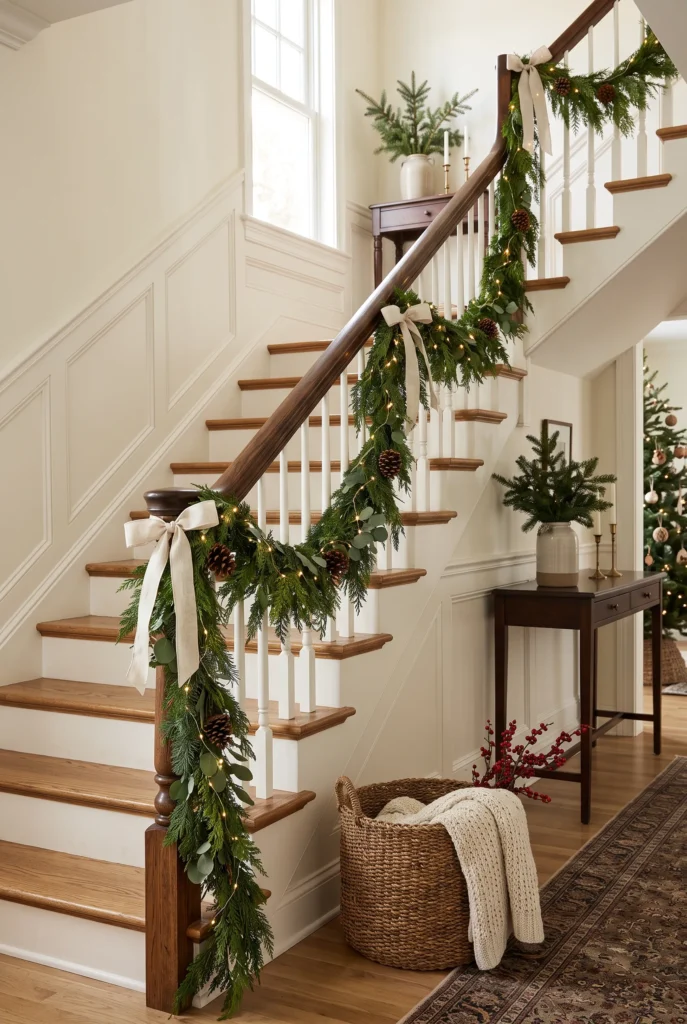 Elegant staircase decorated with evergreen garland and warm white Christmas lights