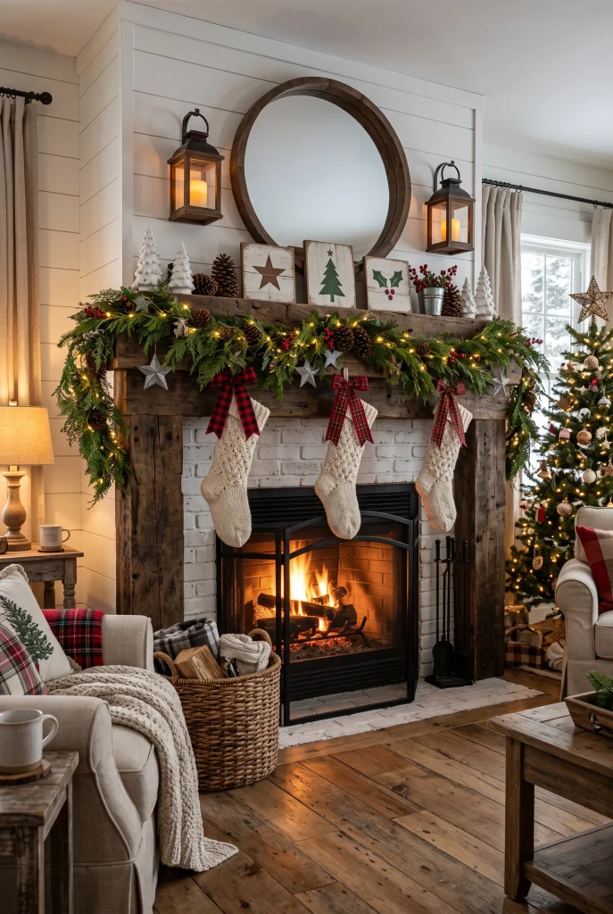Farmhouse Christmas fireplace mantel with cedar garland, plaid ribbon, lanterns, and knitted stockings