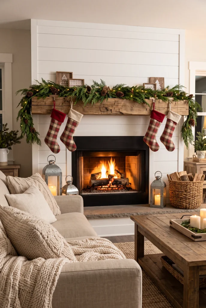 Farmhouse fireplace decorated with cedar garland, plaid stockings, and rustic accents