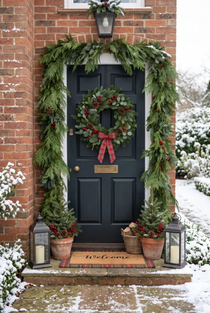 Christmas front door decorated with evergreen wreath and greenery