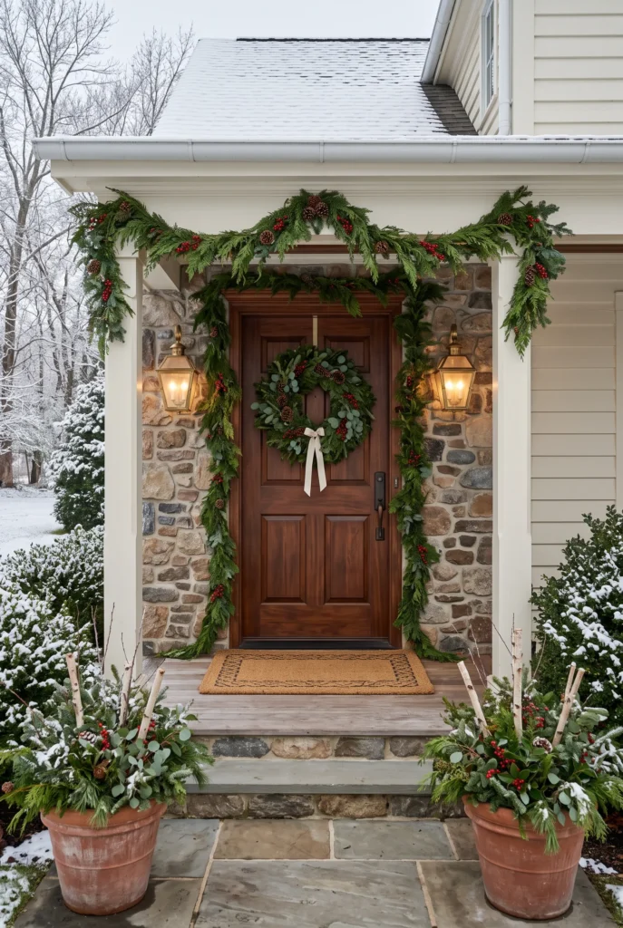 Natural evergreen Christmas wreath on a wooden front door with lanterns
