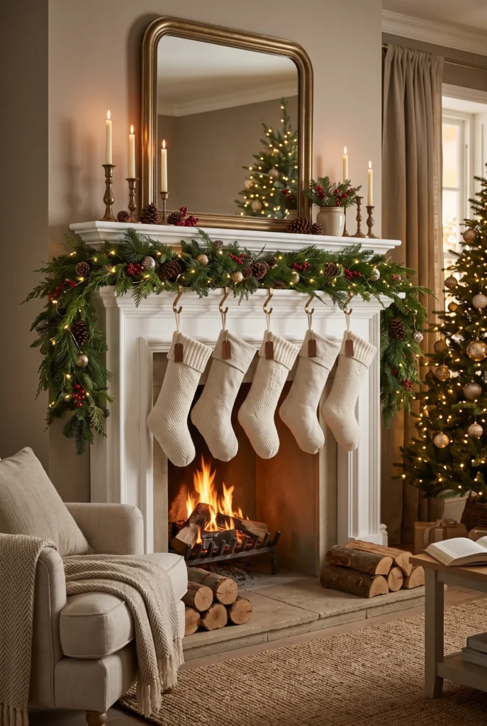 Christmas fireplace mantel decorated with evergreen garland, stockings, and candles