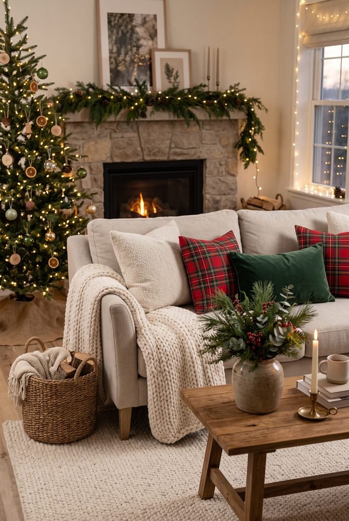 Neutral sofa layered with cozy Christmas pillows and knitted throws