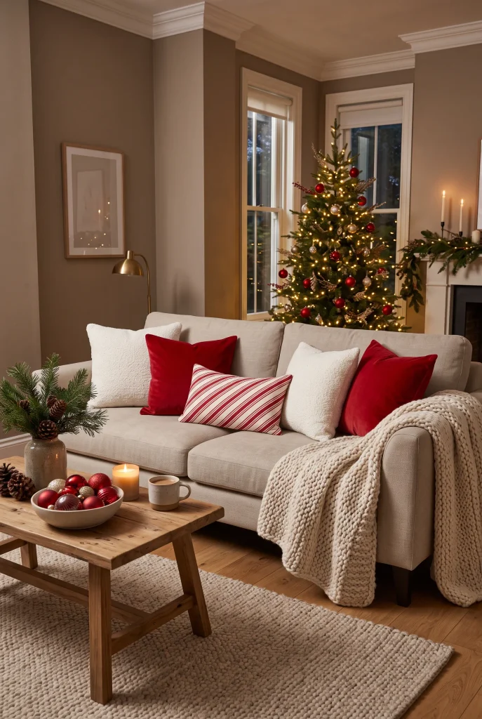 Christmas mantel with evergreen garland, red and white candy cane decorations, and stockings