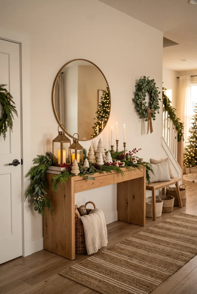 Festive Christmas entryway with evergreen branches, wreath, lanterns, and seasonal accents