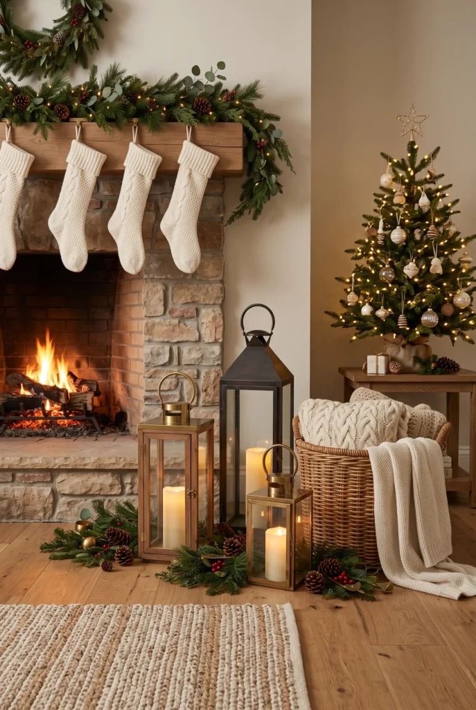 Cozy Christmas corner with lanterns, flameless candles, greenery, and warm evening lighting