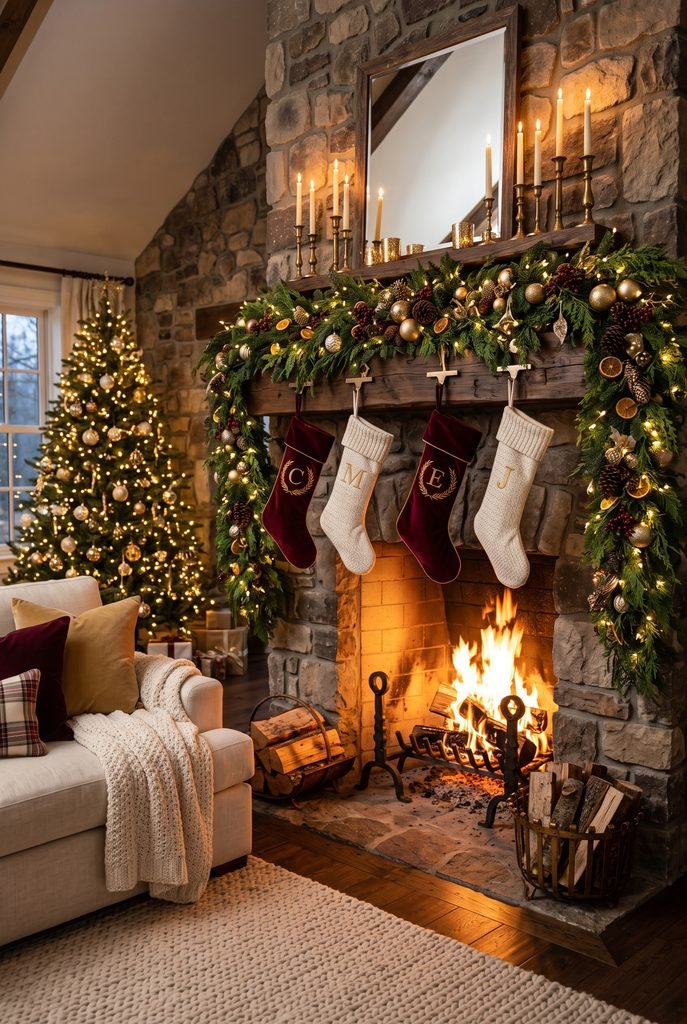 Magical Christmas fireplace glowing with warm fairy lights, greenery, stockings, and ornaments