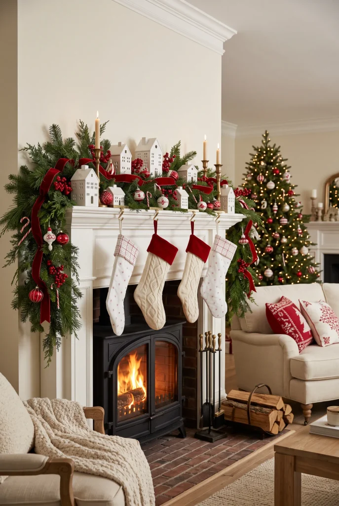 Traditional Christmas mantel decorated with evergreen garland, red velvet ribbon, and white stockings