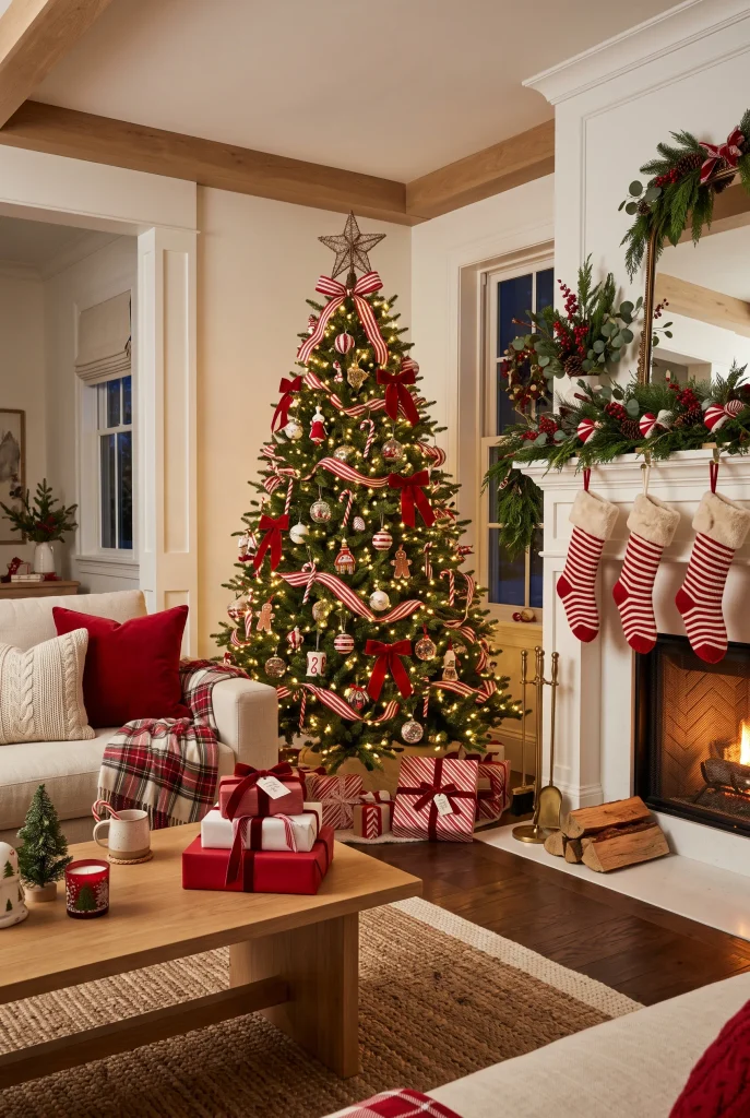 Complete red and white candy cane-inspired Christmas living room with decorated tree and fireplace