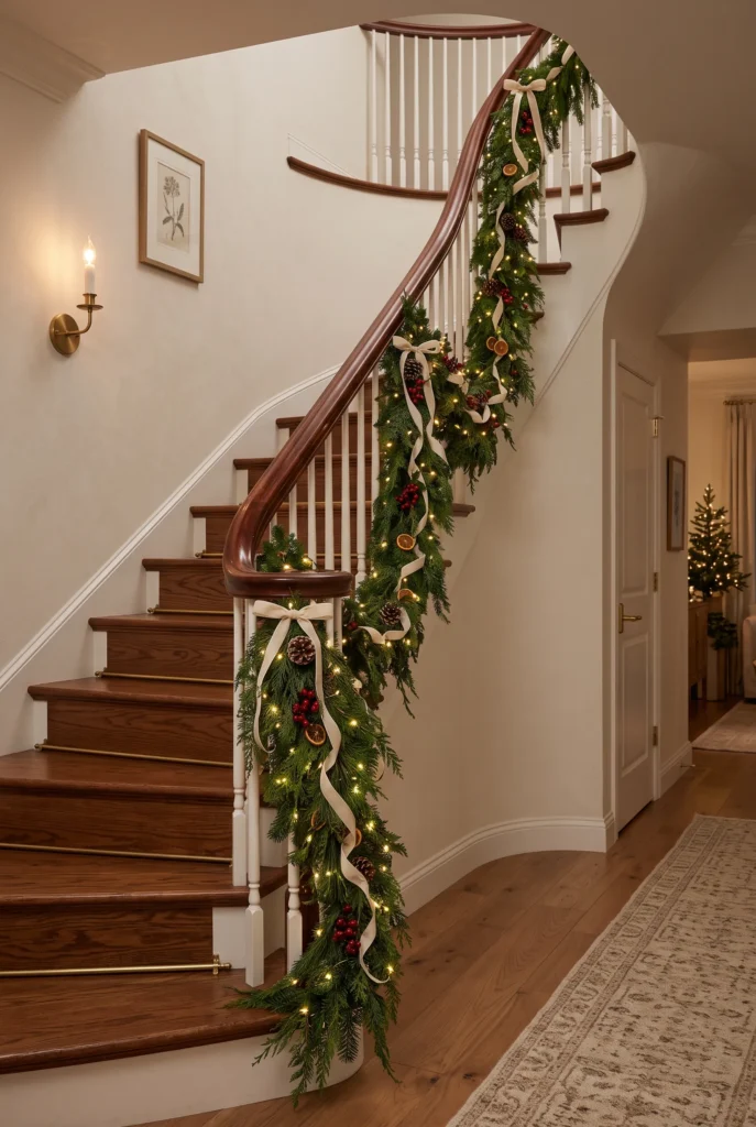 Christmas staircase decorated with evergreen garland and warm white lights