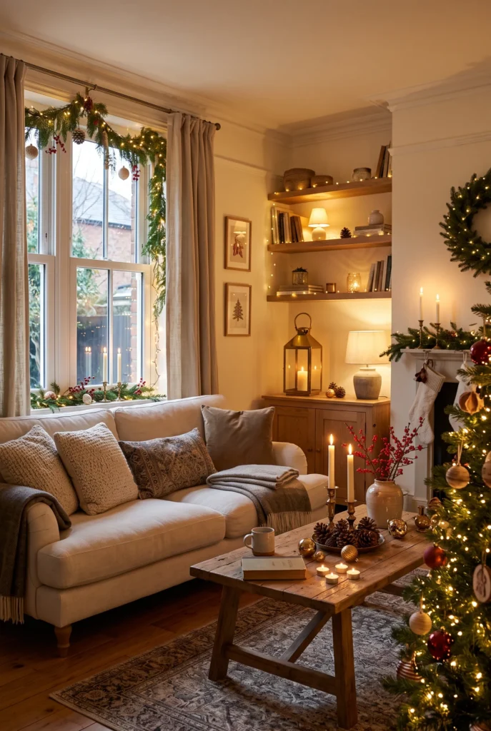 Cozy Christmas living room with layered warm lighting, lamps, candles, and string lights