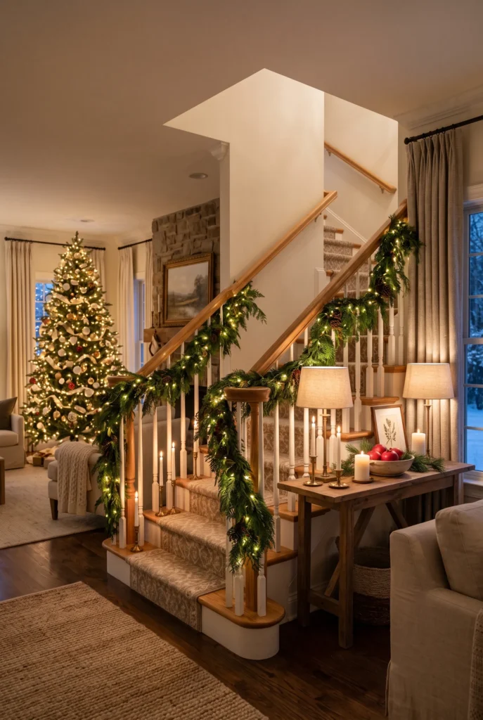 Cozy home staircase decorated with evergreen garland and warm Christmas lights