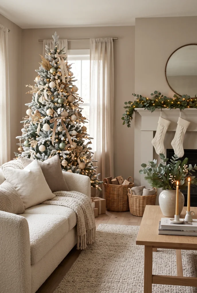 Neutral Christmas living room with cream, beige, and sage green decorations