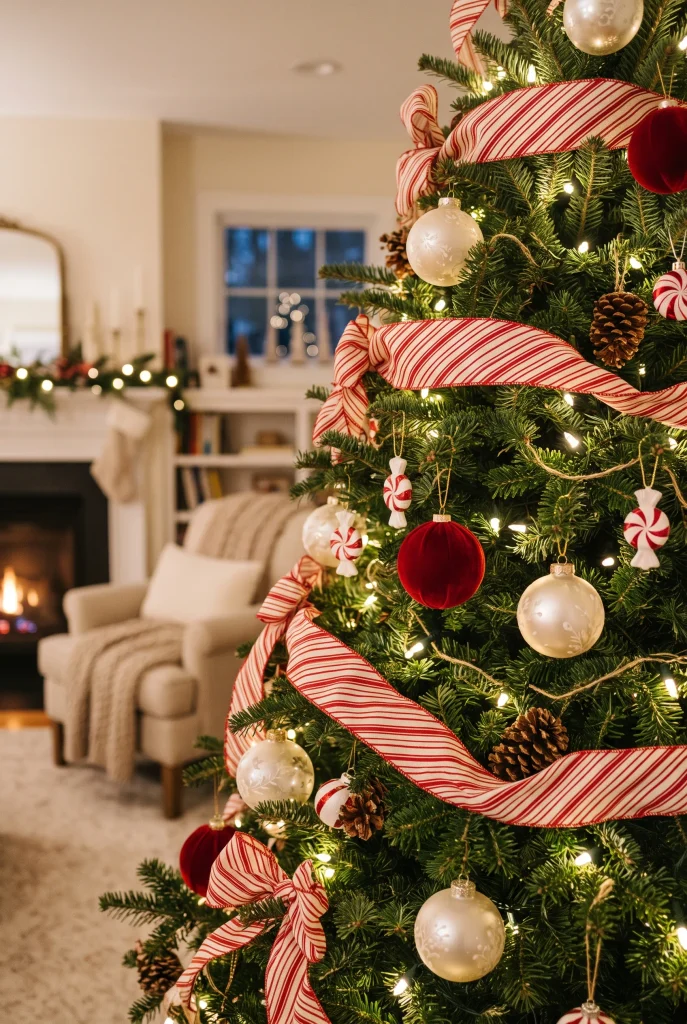 Christmas tree decorated with red and white candy cane striped ribbon