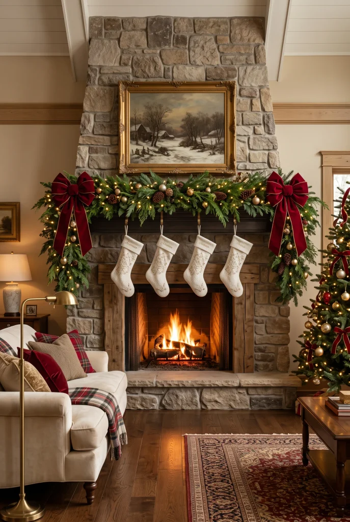 Christmas mantel with evergreen garland and oversized red velvet bows
