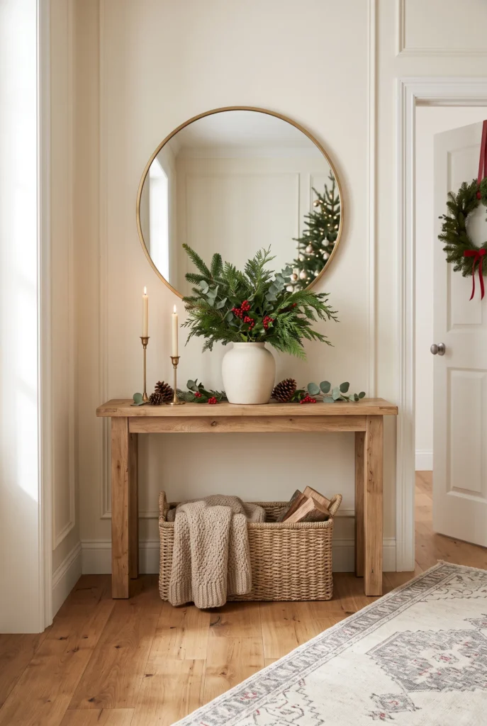 Christmas entryway with evergreen branches, console table, mirror, and seasonal accents