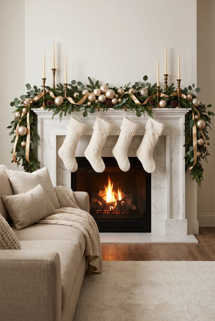 Elegant Christmas mantel decorated with evergreen garland, gold ornaments, brass candleholders, and ivory stockings