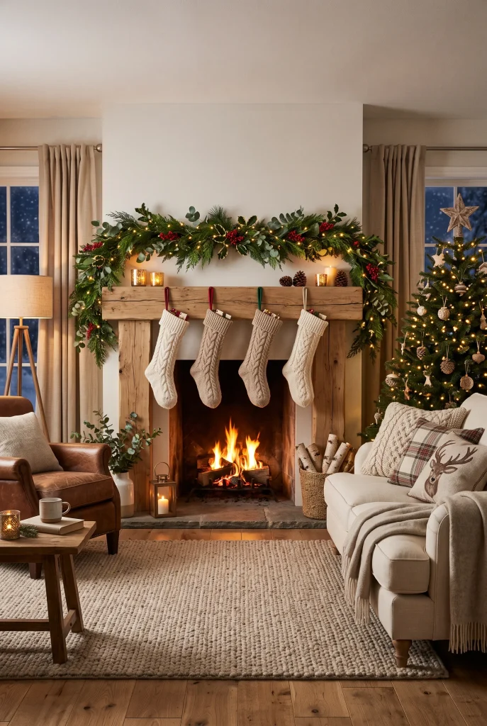 Christmas stockings hanging from an evergreen decorated fireplace mantel