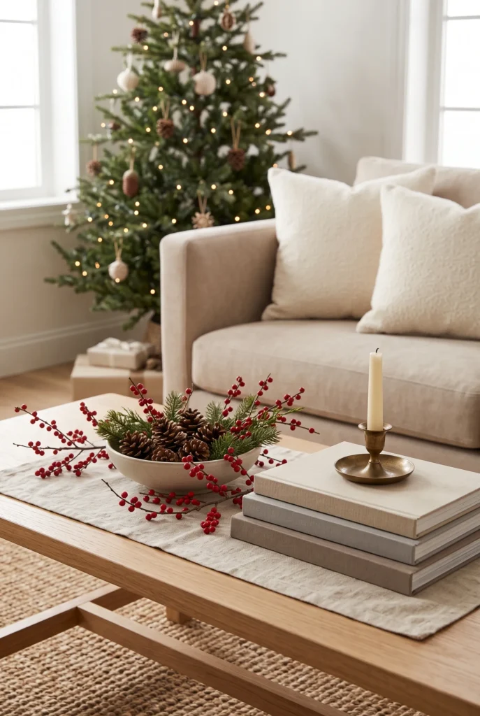 Christmas coffee table with pinecones, evergreen branches, ceramic bowl, books, and candle