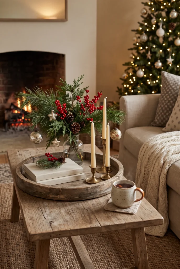 Cozy Christmas coffee table decorated with greenery, candles, and ornaments