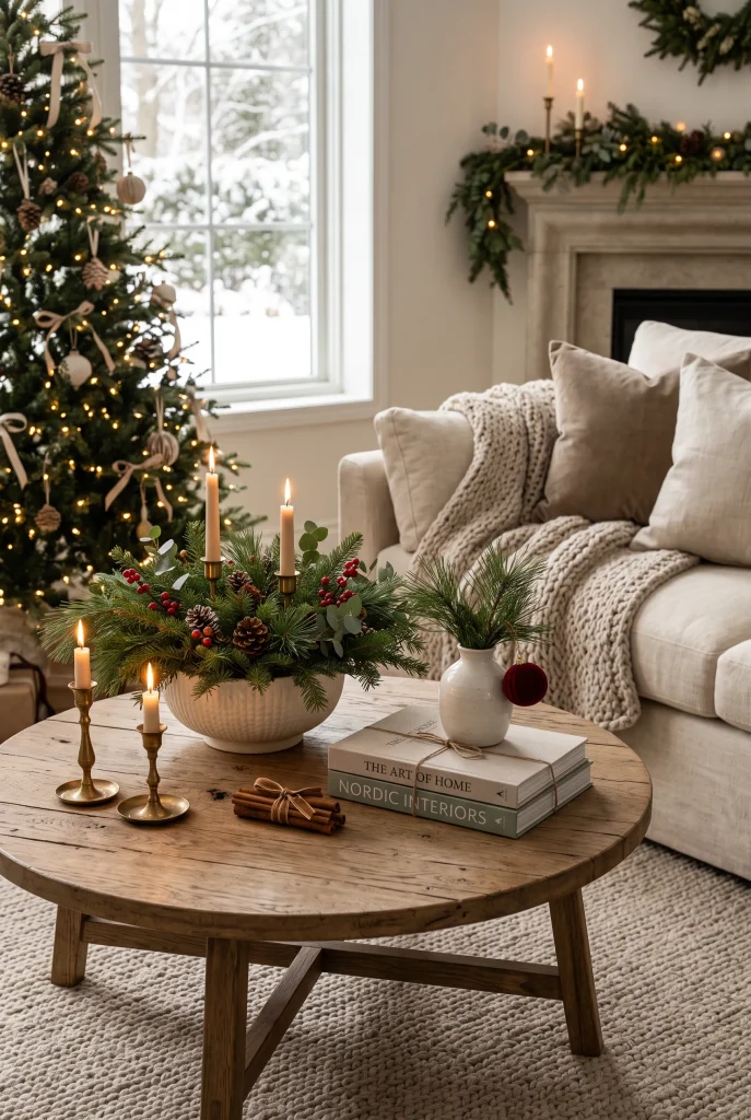 Christmas coffee table decorated with evergreen branches, candles, and pinecones