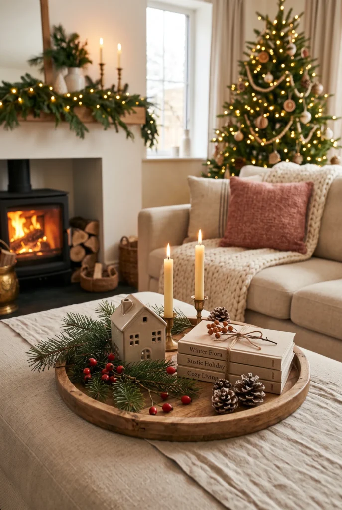 Christmas coffee table with evergreen branches, candles, pinecones, and wooden accents.