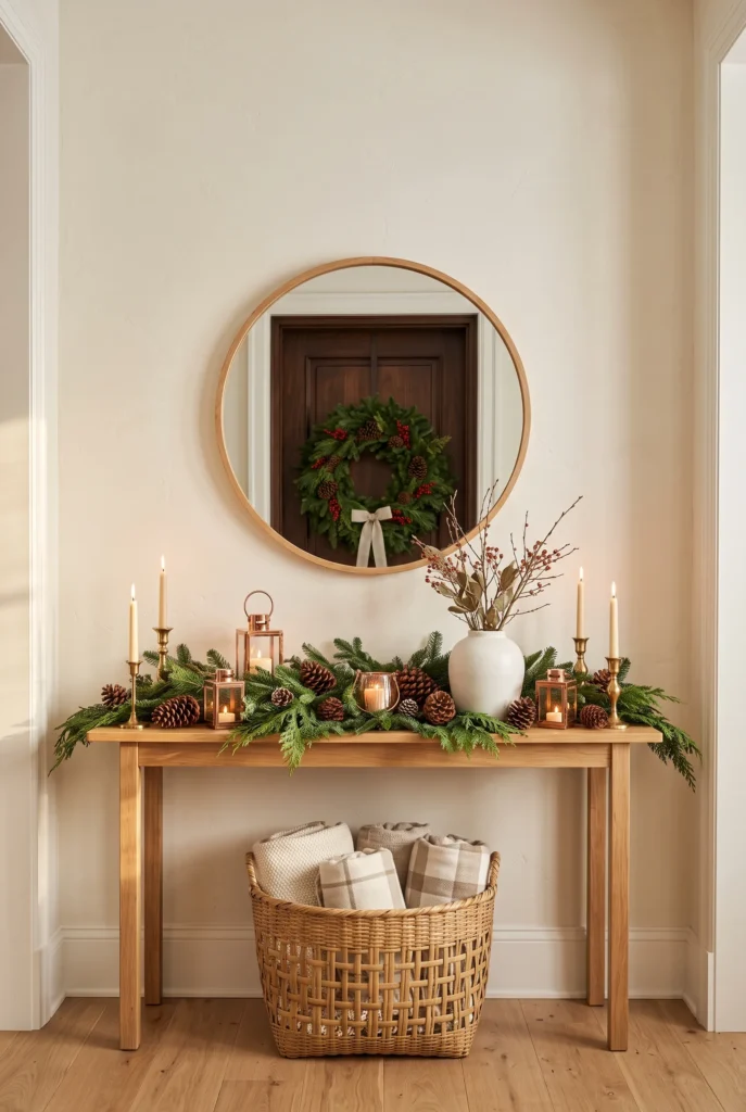 Christmas entryway with evergreen branches, candles, and a decorated console table