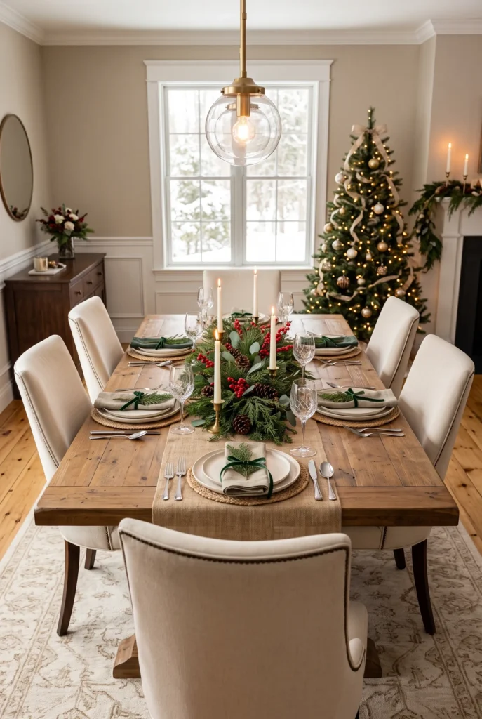Elegant Christmas dining room with evergreen centerpiece, candles, berries, and festive table settings