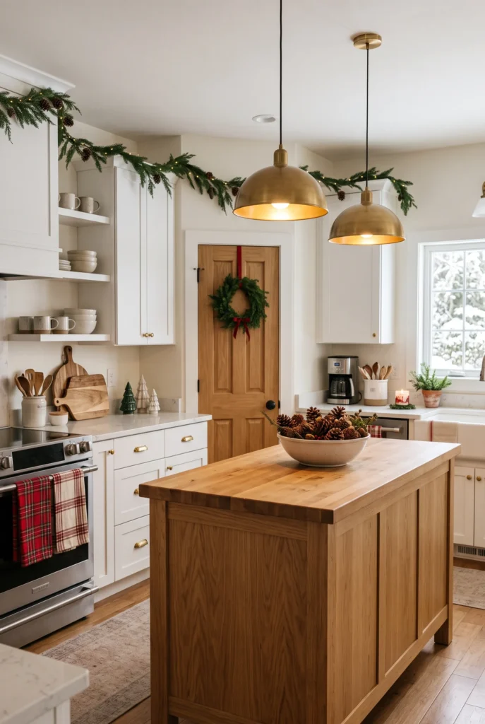 Bright kitchen decorated with subtle Christmas greenery and seasonal accents
