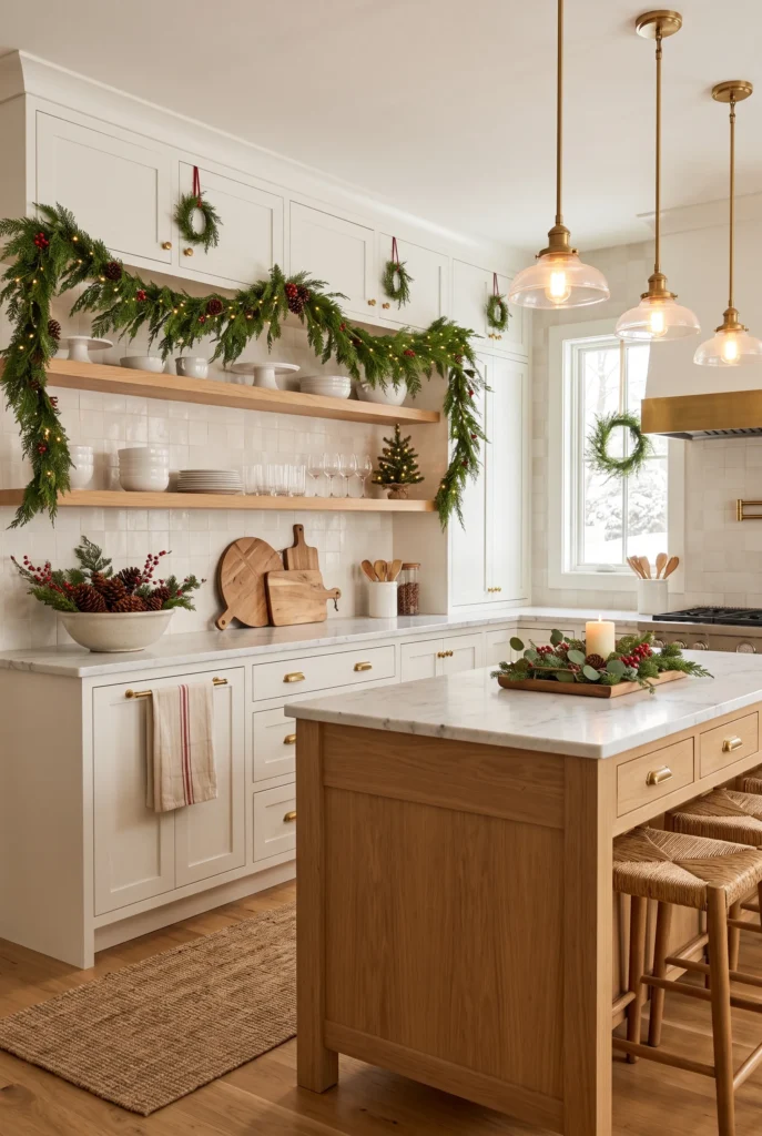 White kitchen decorated with Christmas greenery, pinecones, red berries, and seasonal accents