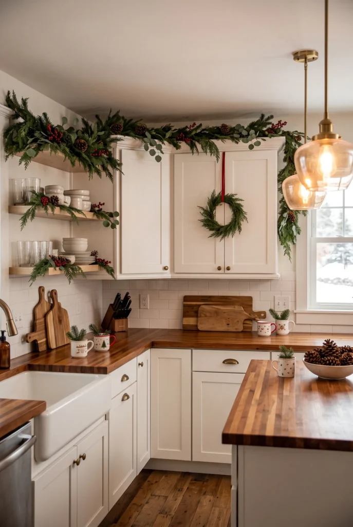 Christmas kitchen decorated with evergreen branches and festive accents