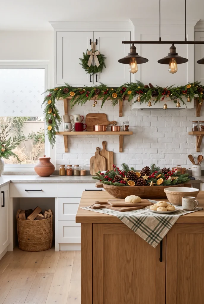 Cozy Christmas kitchen with evergreen greenery, ceramic decor, and seasonal accents