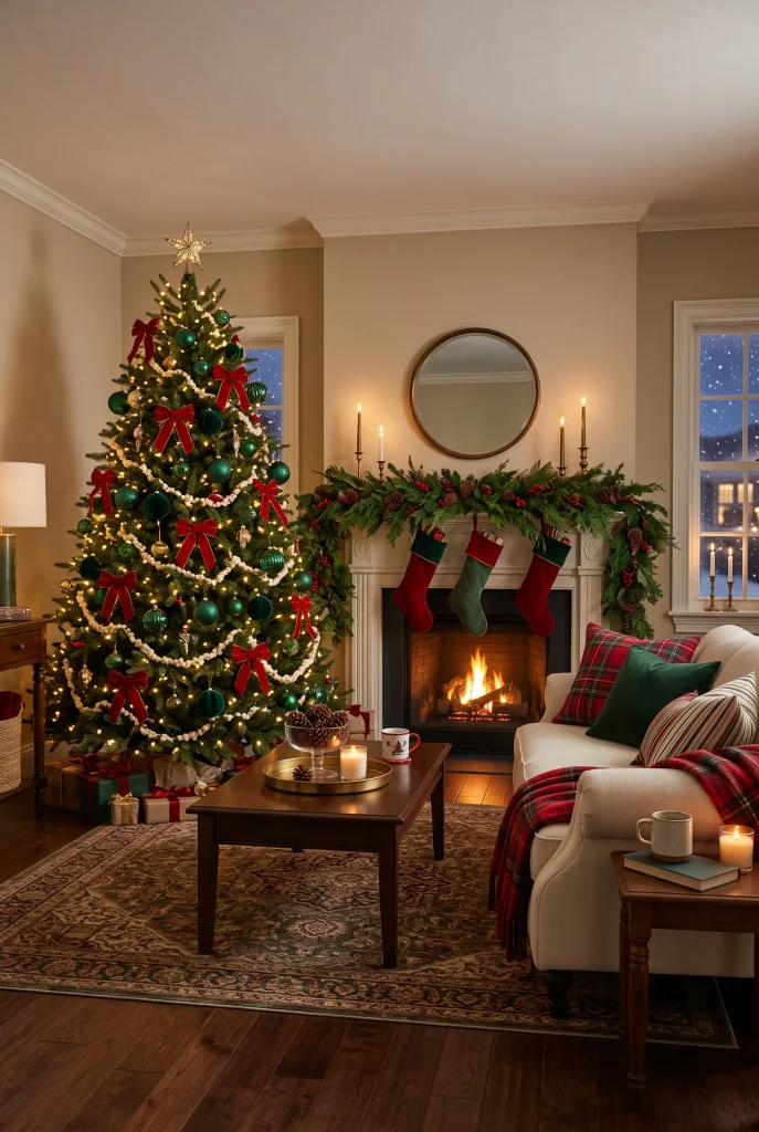 Traditional living room decorated with red and green Christmas accents