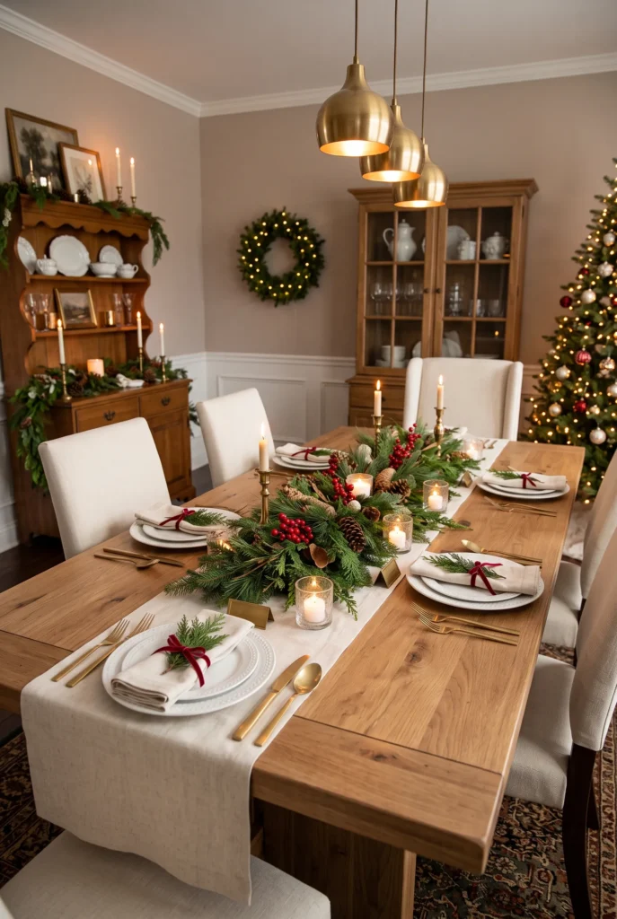 Elegant Christmas dining table with evergreen centerpiece, candles, linen napkins, and seasonal accents