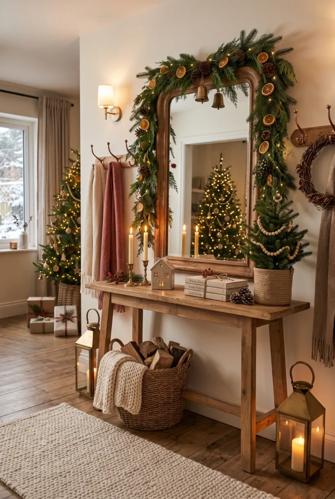 Festive entryway with evergreen garland, mirror, woven basket, and warm Christmas accents.