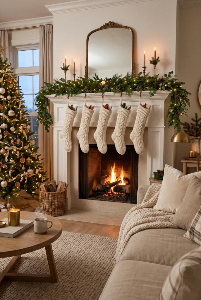 Cream Christmas stockings hanging from an evergreen fireplace mantel